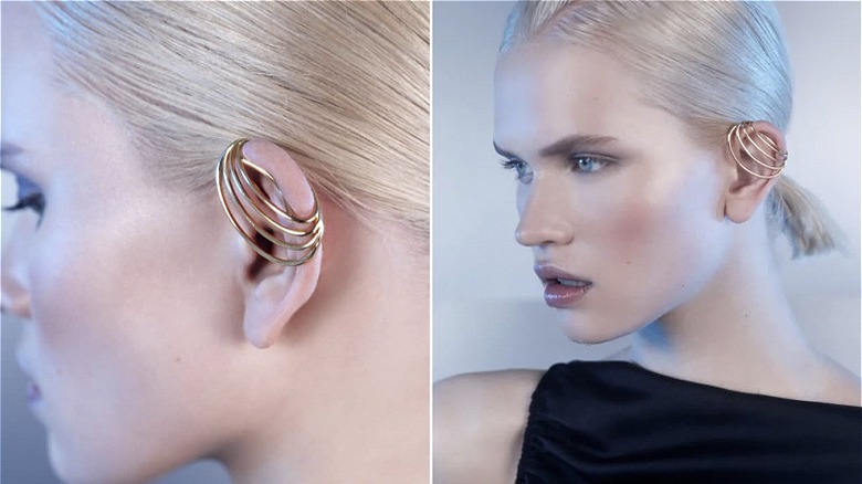 Silver spiral ear cuff on blonde woman