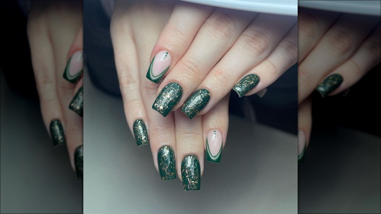 Forest green glitter nails