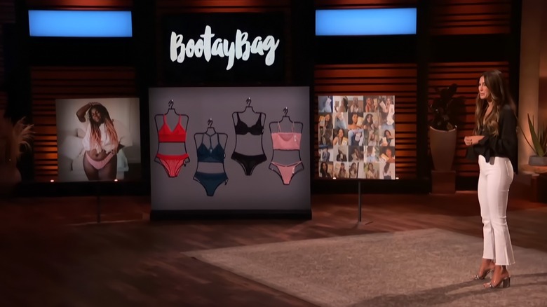 Ellyette Gheno of BootayBag on Shark Tank in a black shirt