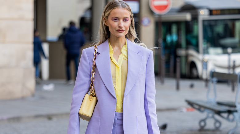 Woman in digital lavender suit