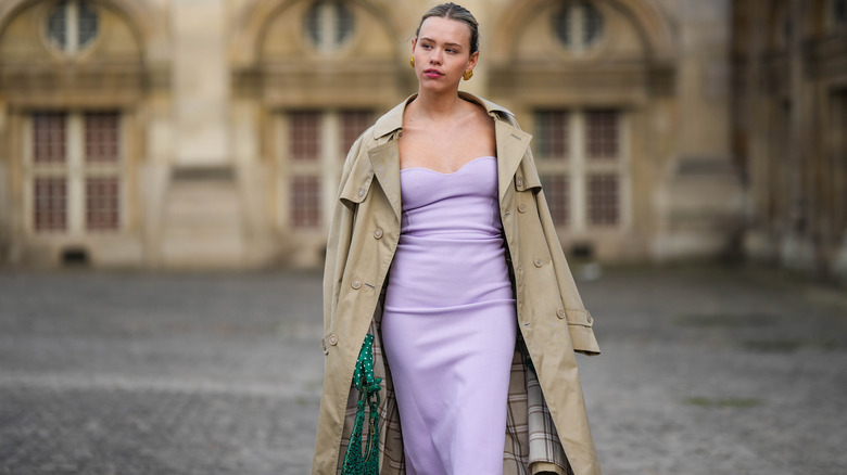 Woman posing in digital lavender dress