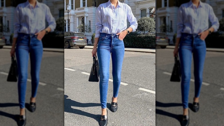 woman in skinny jeans and loafers