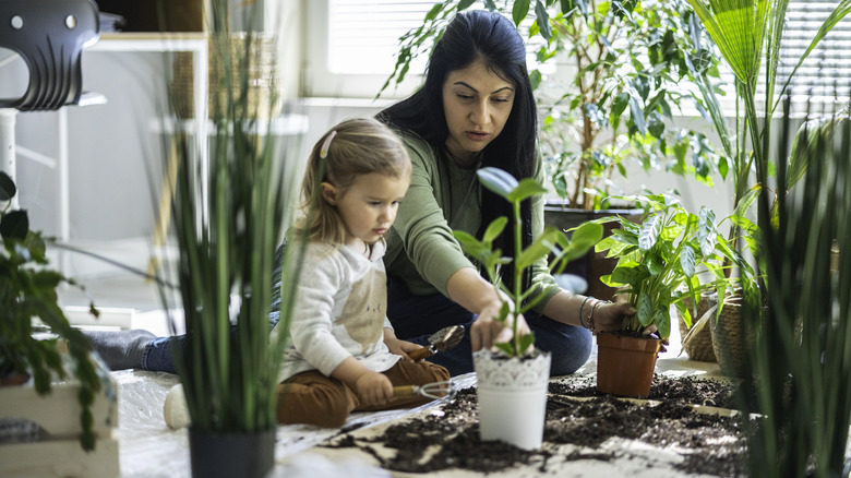 Mother and daughter re-potting plants