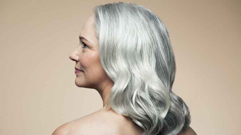 A mature woman flaunts her healthy looking gray hair