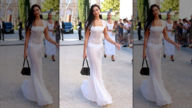 Dua Lipa in a sheer, white dress