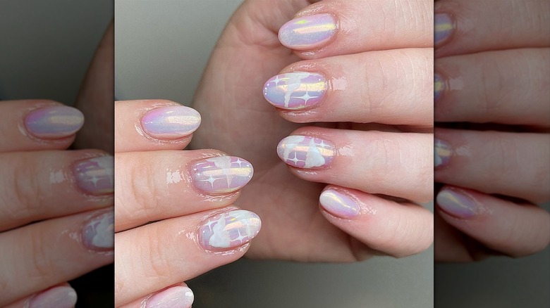 Iridescent nails with clouds