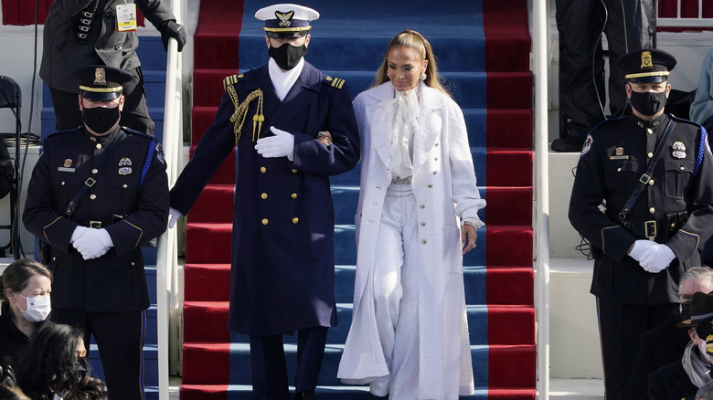 Jennifer Lopez in a white suit at Joe Biden's inauguration