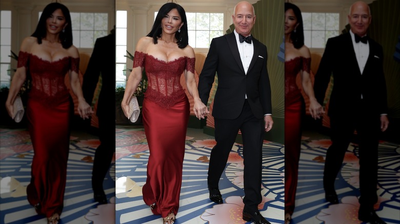 Lauren Sanchez in a red dress and Jeff Bezos in a suit at the White House