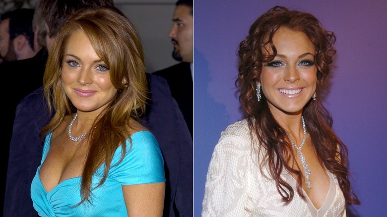 Lindsay Lohan with reddish brown hair posing in 2004