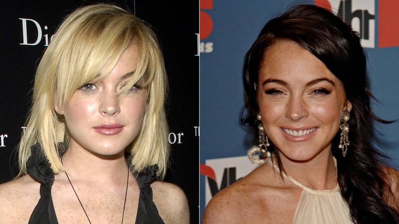 Lindsay Lohan in 2005, one photo with a short blonde bob, the other with a long brunette ponytail