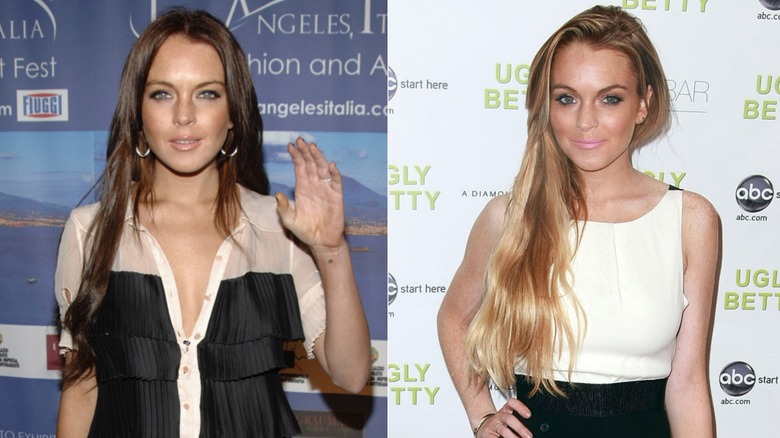 Lindsay Lohan in 2008, one photo with long brown hair, the other with long blonde hair