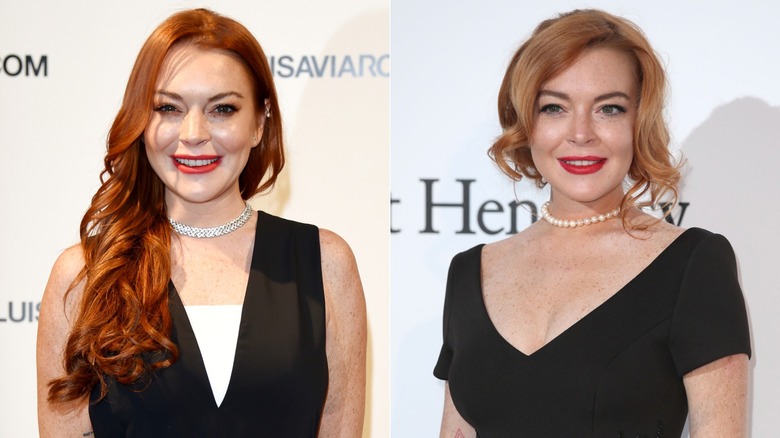 Lindsay Lohan in 2017 sporting red hair, red lipstick, and choker necklaces