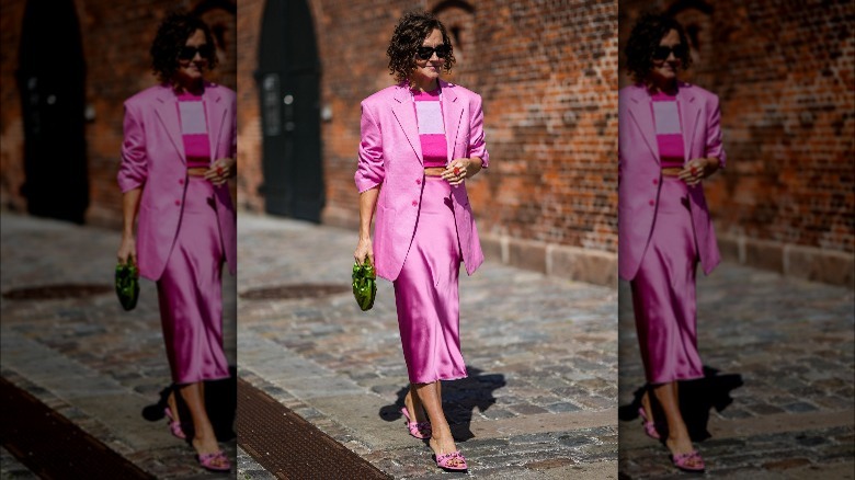 Pink monochrome midi skirt suit outfit