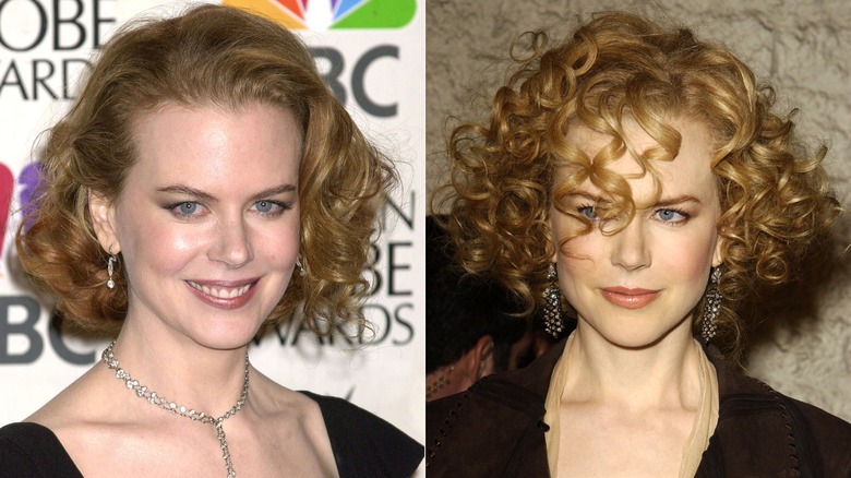 Split image of Nicole Kidman in the early 2000s, wearing curly, short hairstyles