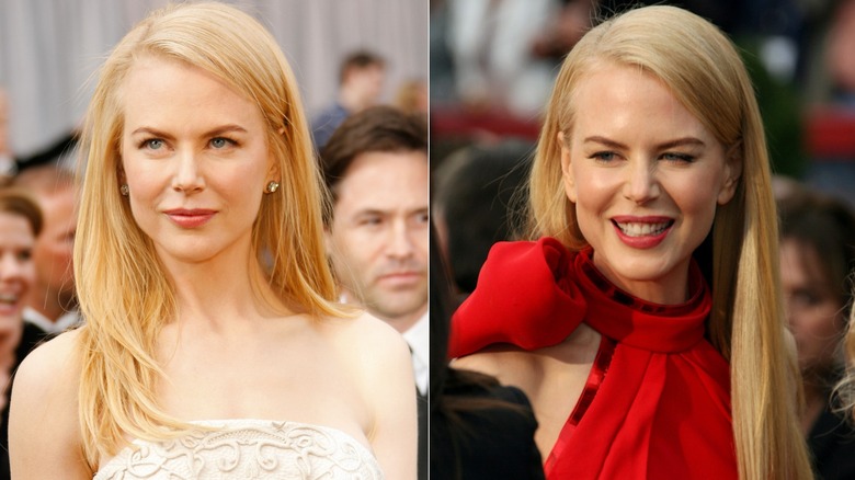 Split image of Nicole Kidman with long, straight hair in the late 2000s