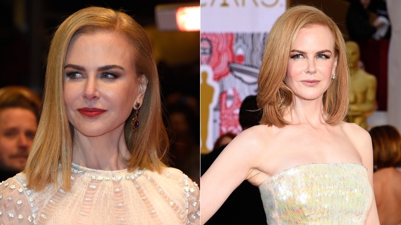 Split image of Nicole Kidman with a side-parted, lob in a strawberry blonde color