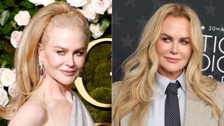 Split image of Nicole Kidman wearing her blonde hair in voluminous styles