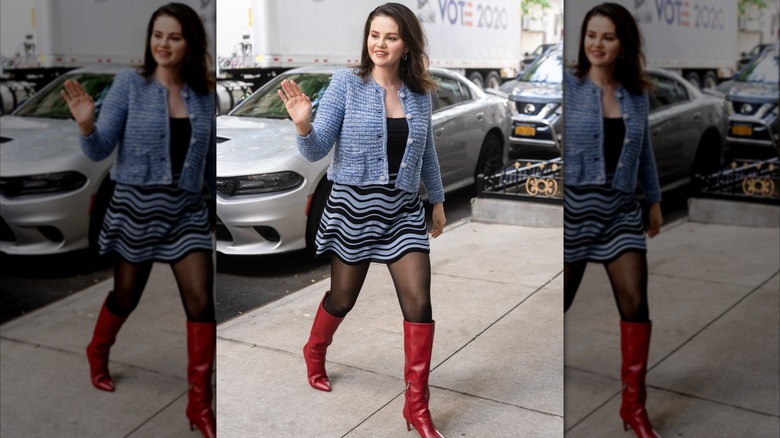 Selena Gomez in a blue blazer and blue and black skirt in New York City