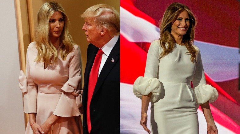 (L) Ivanka Trump in a pink dress with Donald Trump at an event and (R) Melania Trump in a white dress at the RNC