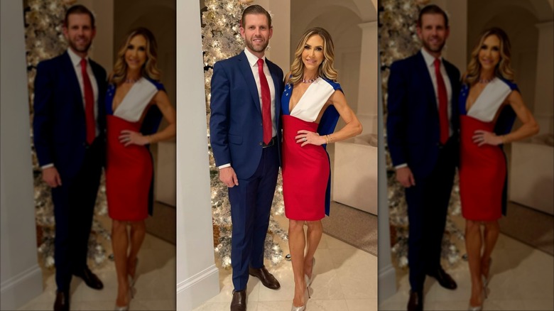 Lara Trump in a red, white, and blue outfit with Eric Trump in a blue suit