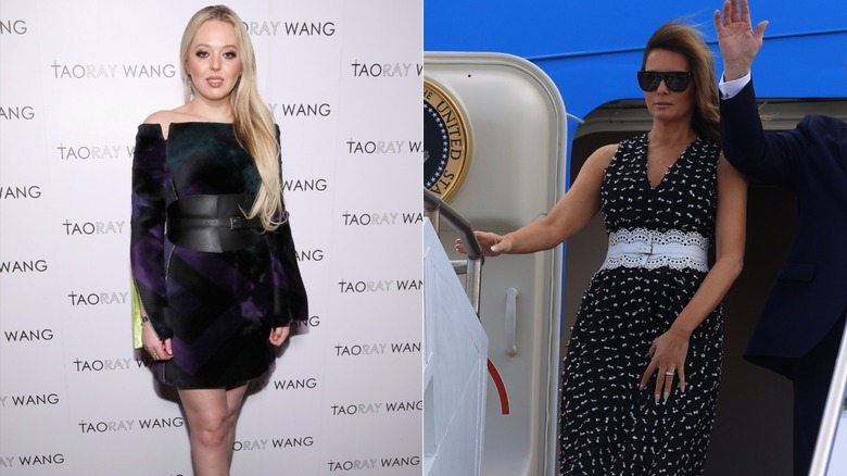 (L) Tiffany Trump in a black dress with a wide belt at an event (R) Melania Trump disembarking a plane in a black and white dress