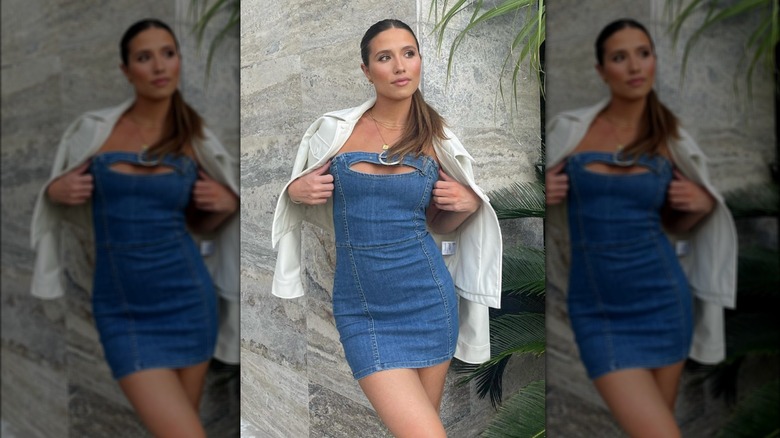 woman in denim mini dress and jacket