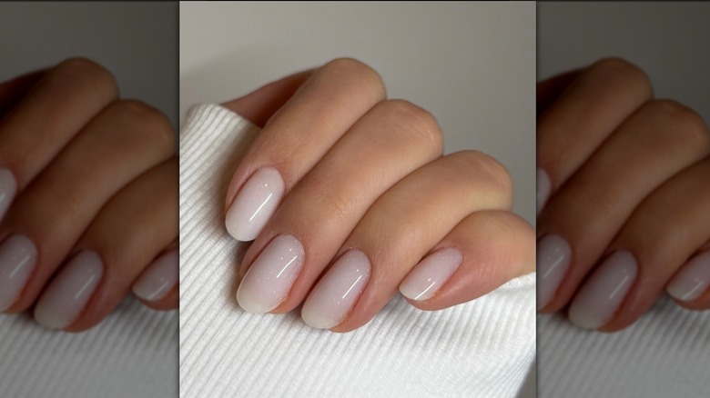 shimmery white manicure on short nails