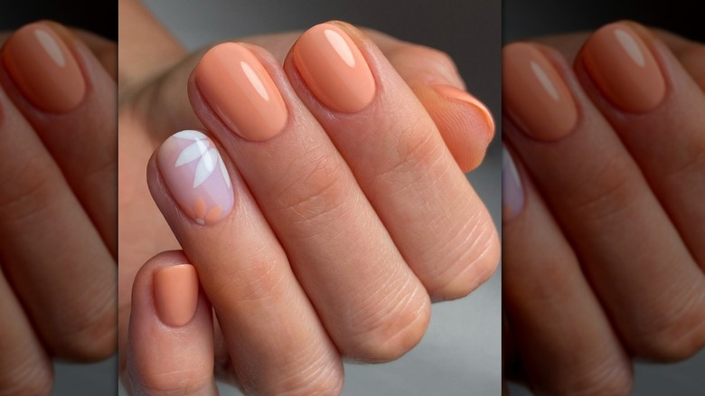 salmon manicure with accent nail