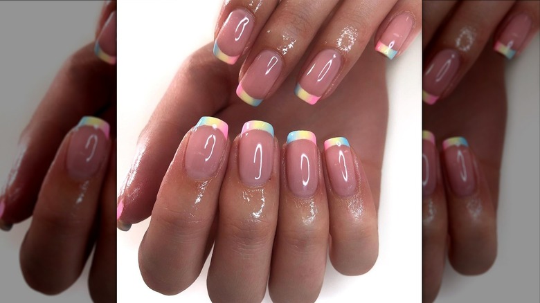 Rainbow pastel French manicure