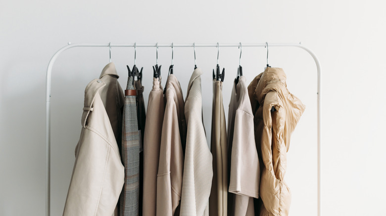 Minimalist closet, clothes hanging on rack