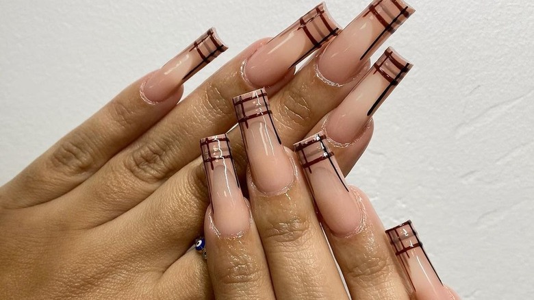 tan and maroon plaid nails