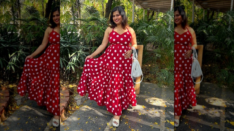 Woman in a red polka dot dress