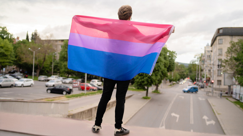 person holds bisexual flag