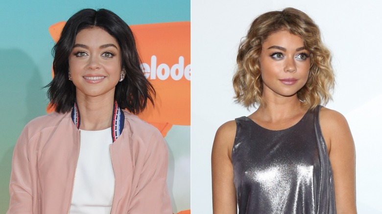 Two views Sarah Hyland in 2016, one with dark hair and the other blond