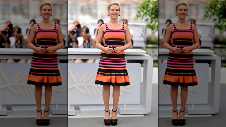 Scarlett Johansson in a striped dress at an event