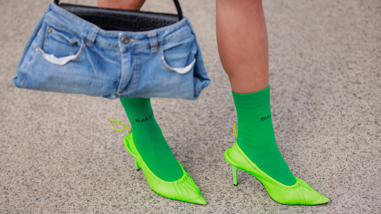 Green socks with high heels