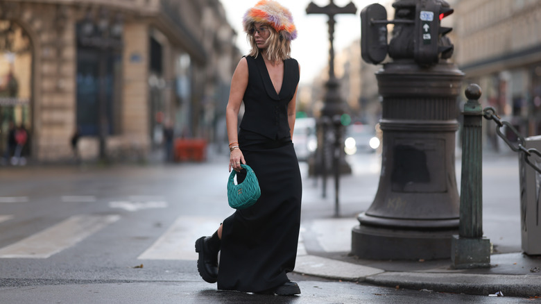 woman wearing black slip skirt