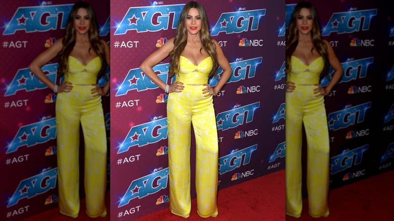 Sofia Vergara on the red carpet in a yellow pantsuit