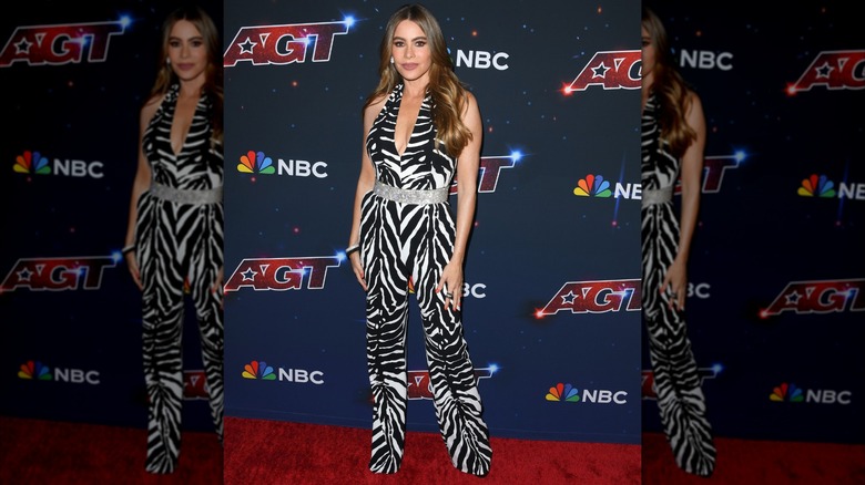 Sofia Vergara on the red carpet in a zebra print jumpsuit