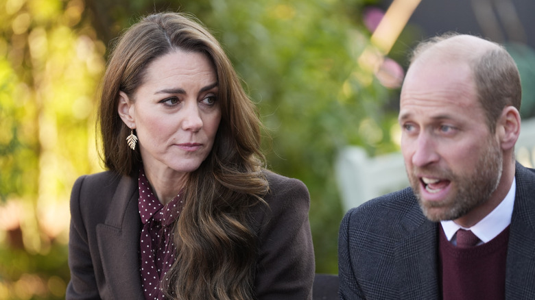 Kate Middleton in a brown coat and Prince William in a blue jacket at an event