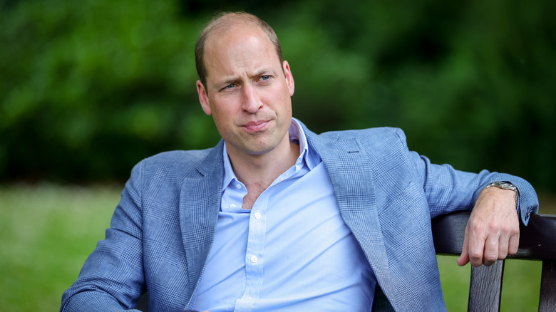 Prince William on a bench in a blue suit