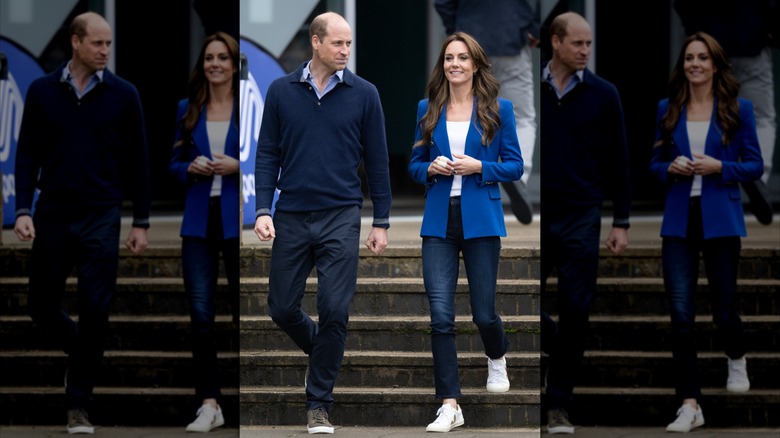 Prince William in a blue sweater and Kate Middleton in a blue blazer with jeans