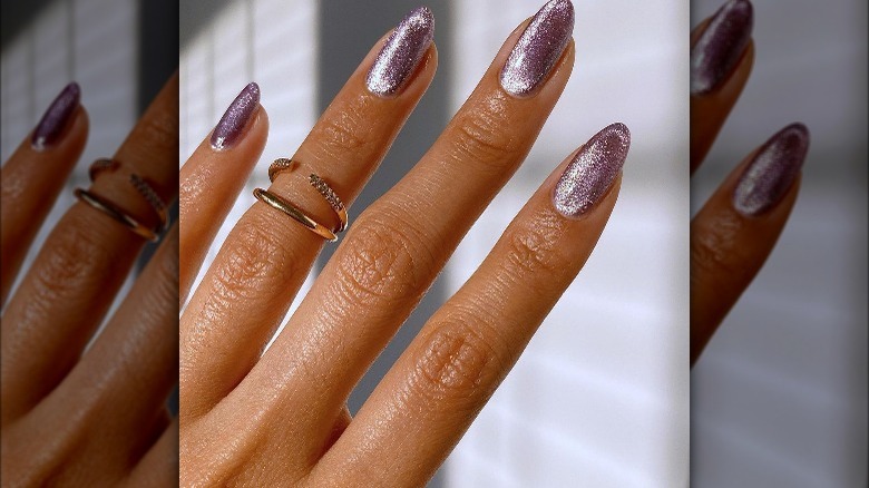 Velvet manicure with lavender glitter