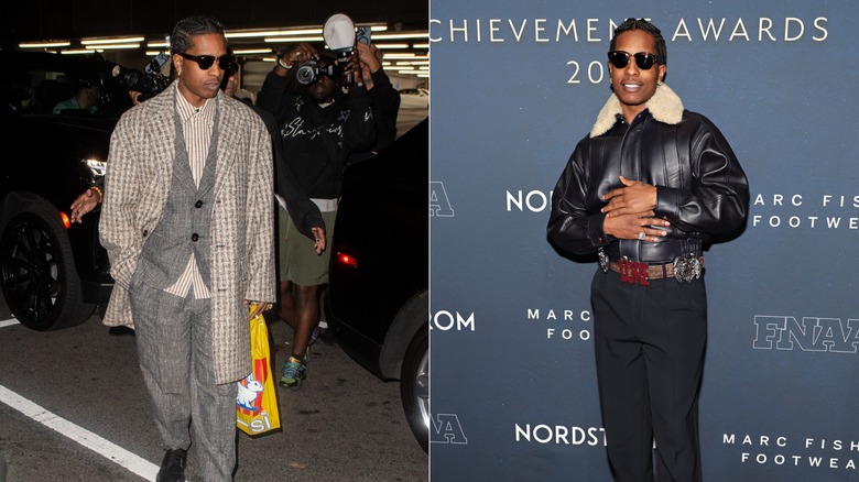 Split image of A$AP Rocky in a formal suit look and a leather jacket