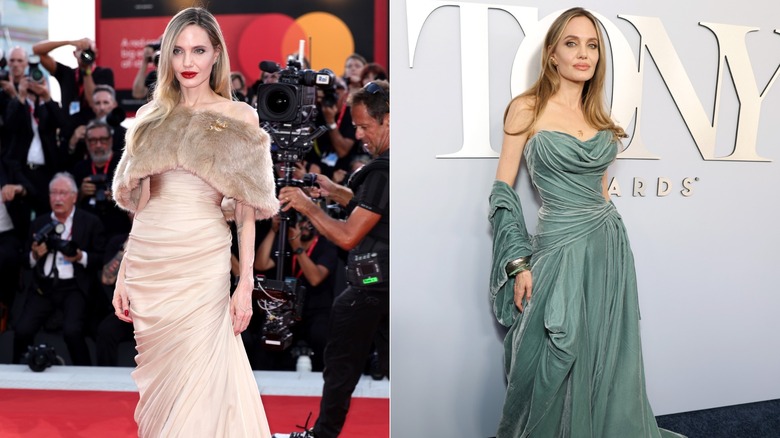 Split image of Angelina Jolie at two red carpet events