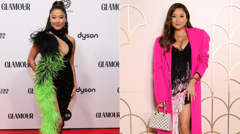 Split image of Ashley Park wearing designer dresses