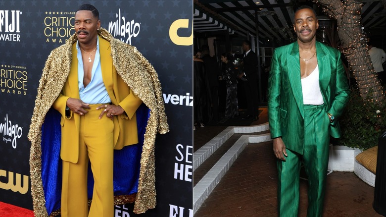 Split image of Colman Domingo wearing colorful suits