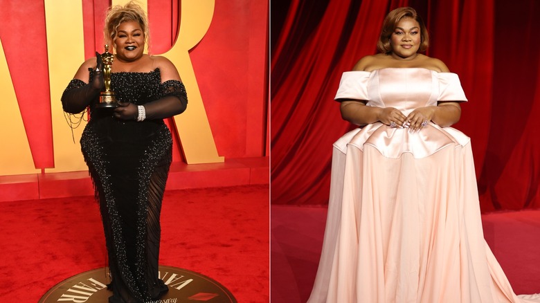 Split image of Da'Vine Joy Randolph in red carpet dresses