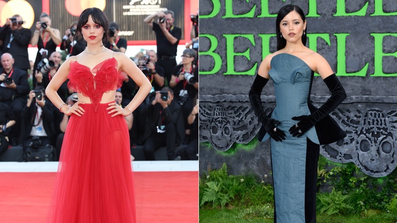 Split image of Jenna Ortega wearing gowns at red carpet events