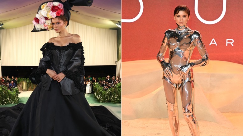 Split image of Zendaya at the Met Gala and Dune press tour